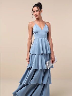 Lulus going with elegance slate blue satin tiered gown